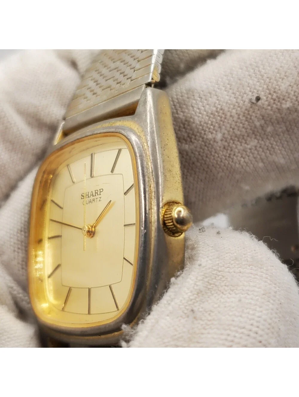 Vintage Sharp Quartz Watch 29mm Square Adjustable Band Tone New Battery